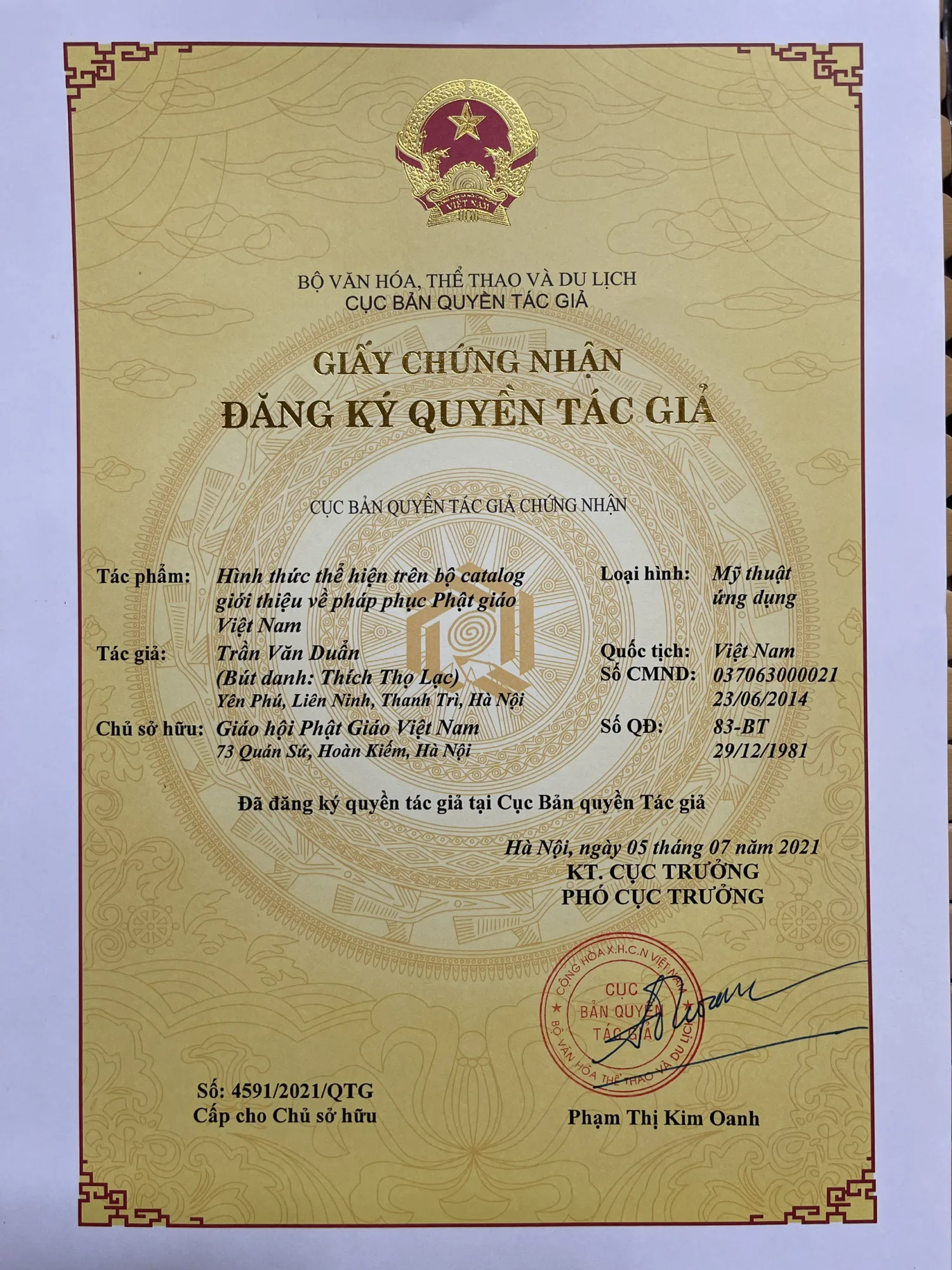 Đăng ký bản quyền tác giả Pháp phục thống nhất GHPGVN
