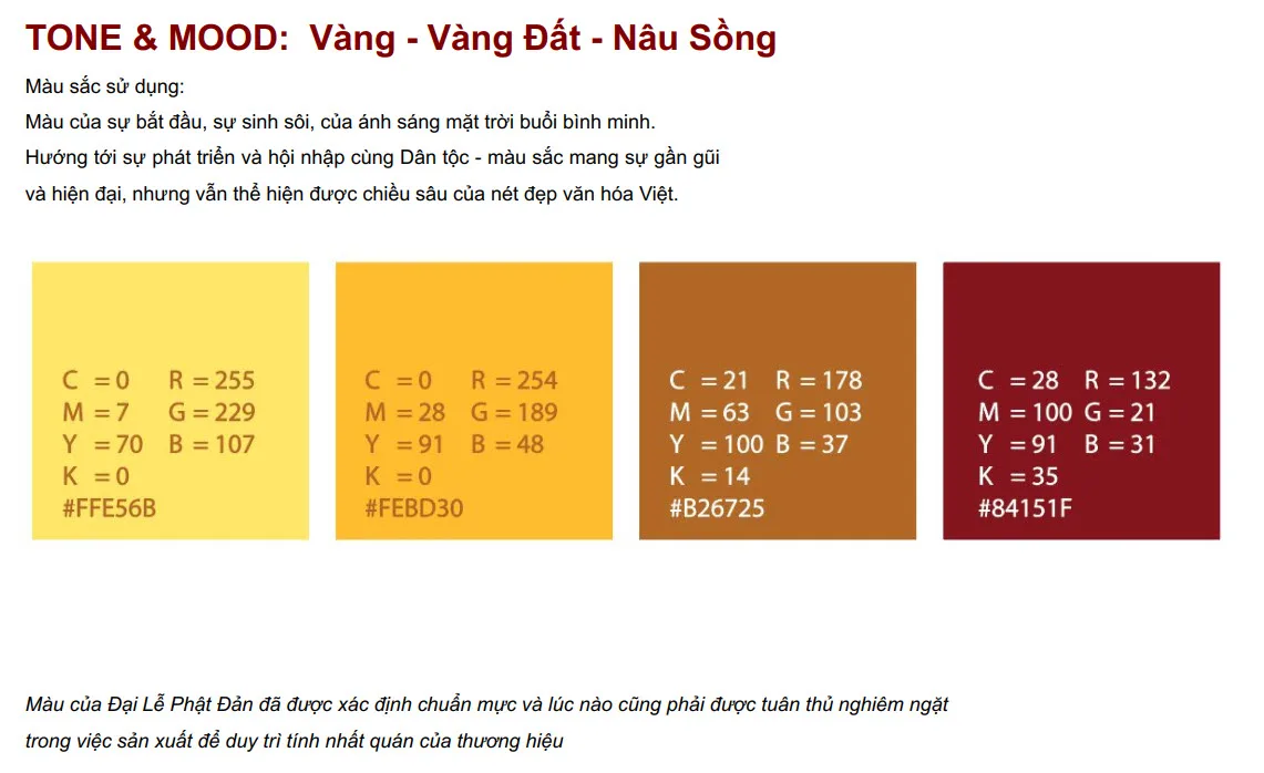 Màu của Đại Lễ Phật Đản đã được xác định chuẩn mực và lúc nào cũng phải được tuân thủ nghiêm ngặt trong việc sản xuất để duy trì tính nhất quán của thương hiệu