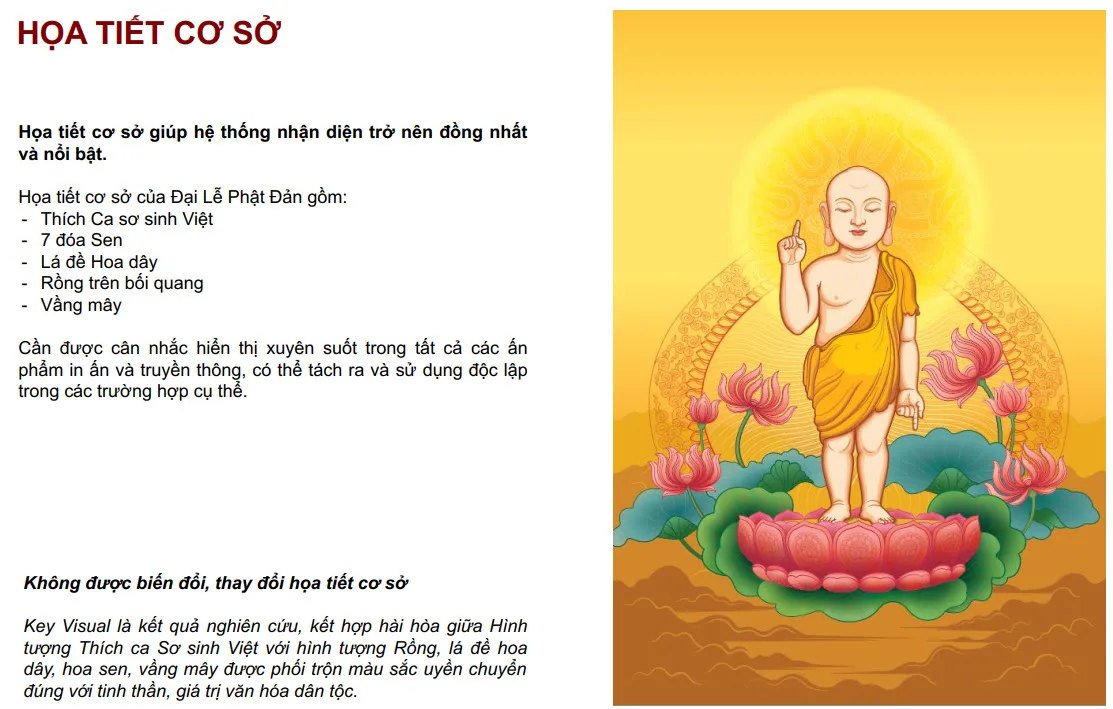 Key Visual là kết quả nghiên cứu, kết hợp hài hòa giữa Hình tượng Thích ca Sơ sinh Việt với hình tượng Rồng, lá đề hoa dây, hoa sen, vầng mây được phối trộn màu sắc uyền chuyển đúng với tinh thần, giá trị văn hóa dân tộc. Không được biến đổi thay đổi