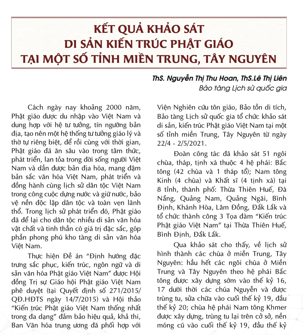 Kết quả khảo sát di sản kiến trúc Phật giáo tại một số tỉnh miền Trung, Tây Nguyên