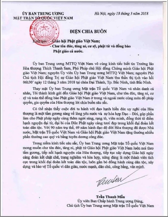 Chủ tịch Ủy ban Trung ương MTTQVN gửi điện chia buồn tới Giáo hội