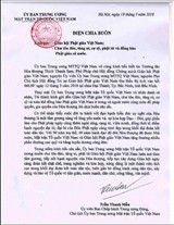 Chủ tịch Ủy ban Trung ương MTTQVN gửi điện chia buồn tới Giáo hội