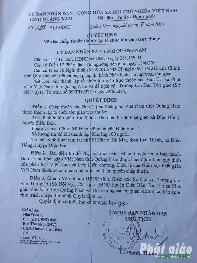 Quyết định của UBND tỉnh cho phép thành lập cơ sở tôn giáo